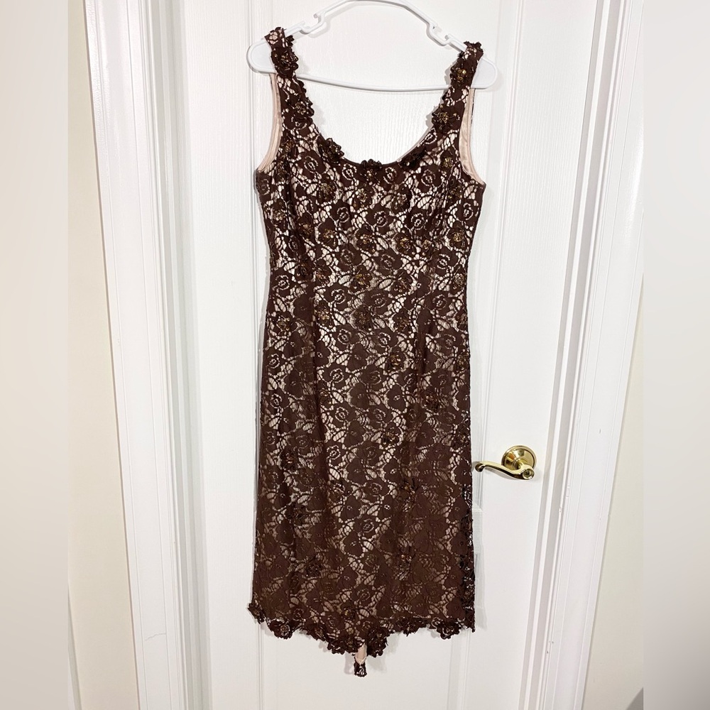 Y2K JS Boutique Illusion Lace Sequin Rosette Sleeveless Cocktail Dress Brown 10